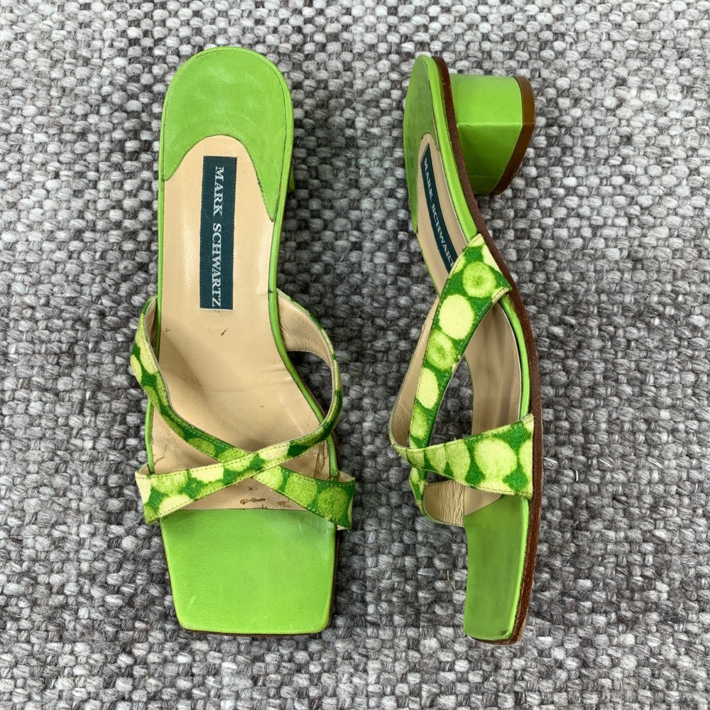 Mark Schwartz Heeled Sandals Women 6.5 B Lime Green Square Toe Block Heel Italy